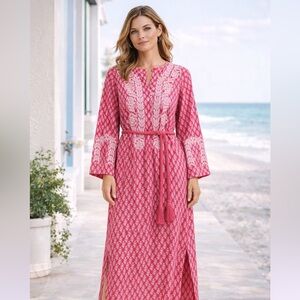Ex Voto Amy Coral Rose Embroidered Cotton Midi Dress Belt XS